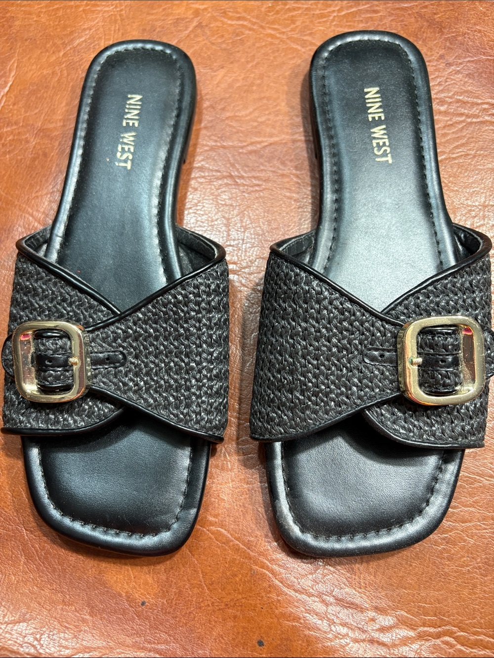 Nine West Black Woven Slide Sandals with Gold Buckle Accent Wore once 8.5M